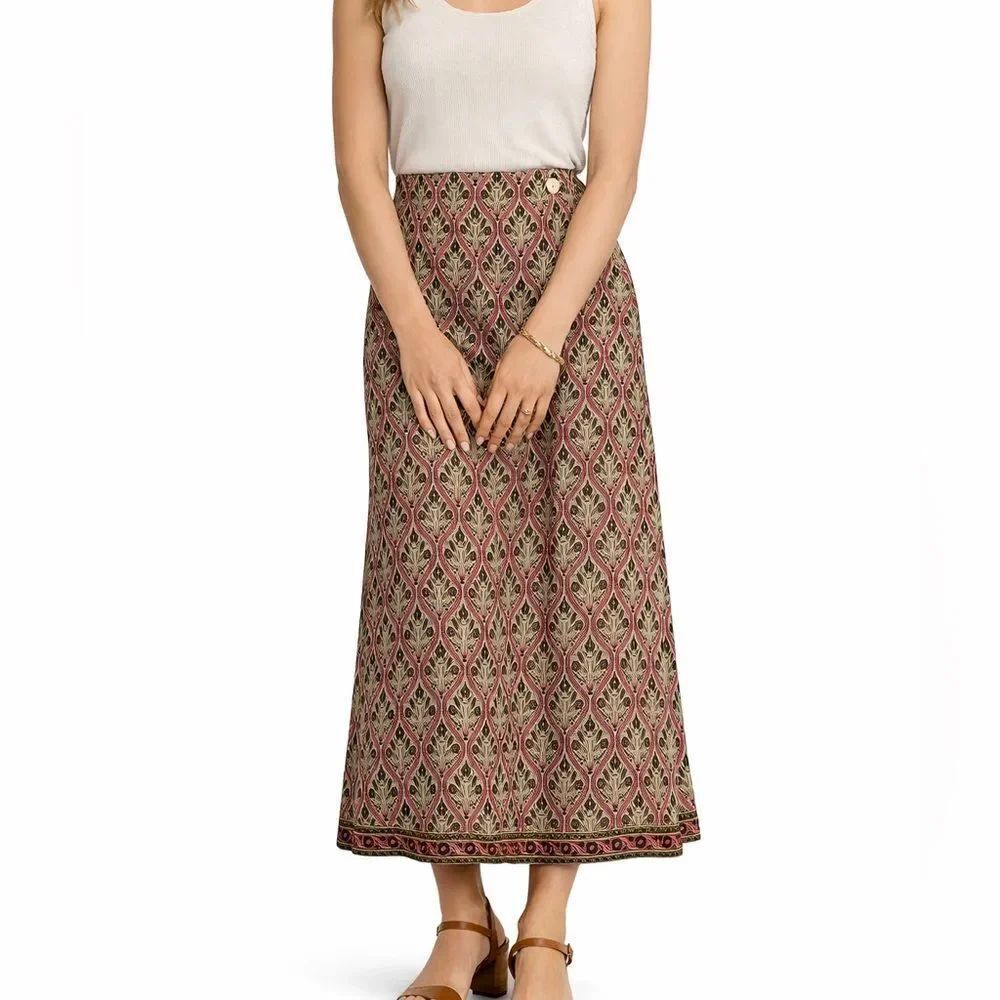 Casual Corner Vintage 100% Silk Maxi Skirt Size 10 Pink Green Print Two Buttons